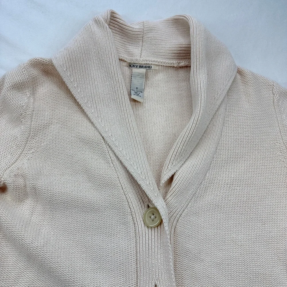 Lucky Brand Cream Shawl Collar Button‎ Front Cotton Knit Cardigan Sweater Small